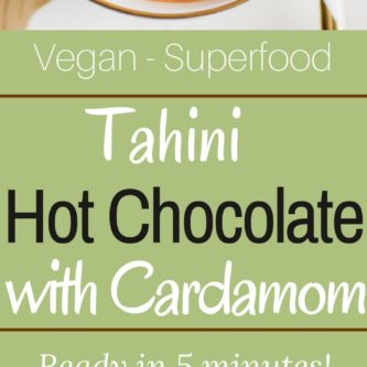 A rich and creamy vegan hot chocolate recipe touched with a pinch of fragrant cardamom and nutty tahini. Hot chocolate that is loaded with good for you ingredients and easily prepared in 5 minutes!