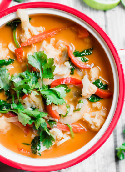 Thai Red Vegetable Curry ready in 30 minutes! A super healthy vegan, gluten-free, dairy-free, paleo meal loaded with good for you vegetables, Thai spices, and creamy coconut milk.