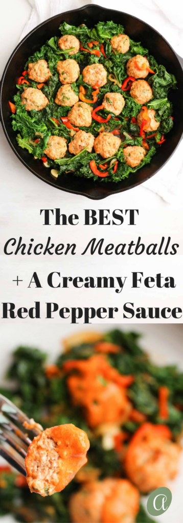 The BEST chicken meatballs in a creamy roasted red pepper feta sauce | Abra's Kitchen