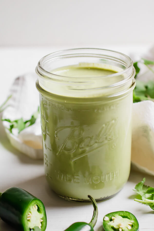 A creamy, healthy, green enchilada sauce with only 5 simple ingredients, easily made in a blender. Perfect for healthy enchiladas verdes, or to use with your favorite Mexican dish.Â 