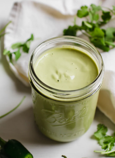 A creamy, healthy, green enchilada sauce with only 5 simple ingredients, easily made in a blender. Perfect for healthy enchiladas verdes, or to use with your favorite Mexican dish. 