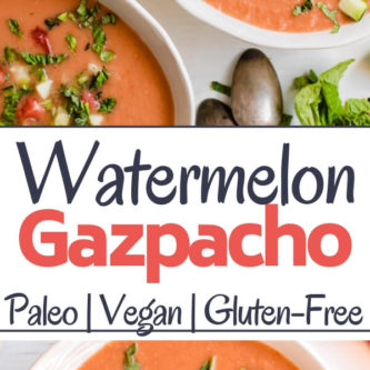 Watermelon Gazpacho - A light and refreshing chilled summer soup, savory with a touch of sweetness from the watermelon. Watermelon, tomatoes, cucumber, jalapeno, scallions, and fresh herbs are the stars of this healthy soup!