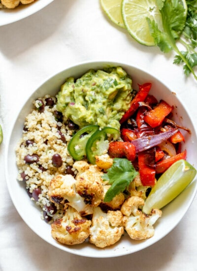 Spicy Cauliflower Burrito Bowl with toppings