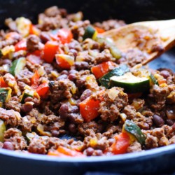 The quick cooking, healthy, easy clean up, entire family happy making, grass fed beef and zucchini skillet supper recipe.