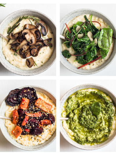 Four delicious and healthy plant-based vegetarian recipes for creamy polenta including rosemary sauteed mushroom polenta, garlicky green polenta, crispy roasted beets and carrots with everything spice polenta, and classic simple basil pesto polenta.