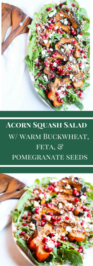  This festive (gluten free) Roasted Acorn Squash Salad with warm Buckwheat, Five-Spice Acorn Squash, Feta Cheese, and Pomegranate Seeds is full of healthy seasonal ingredients and a sweet and tangy maple dijon dressing. Yum! |Abraskitchen.com